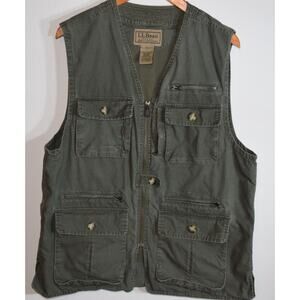 L.L. Bean Utility Vest Mens Large Olive Green Cotton Zip Pockets Outdoor